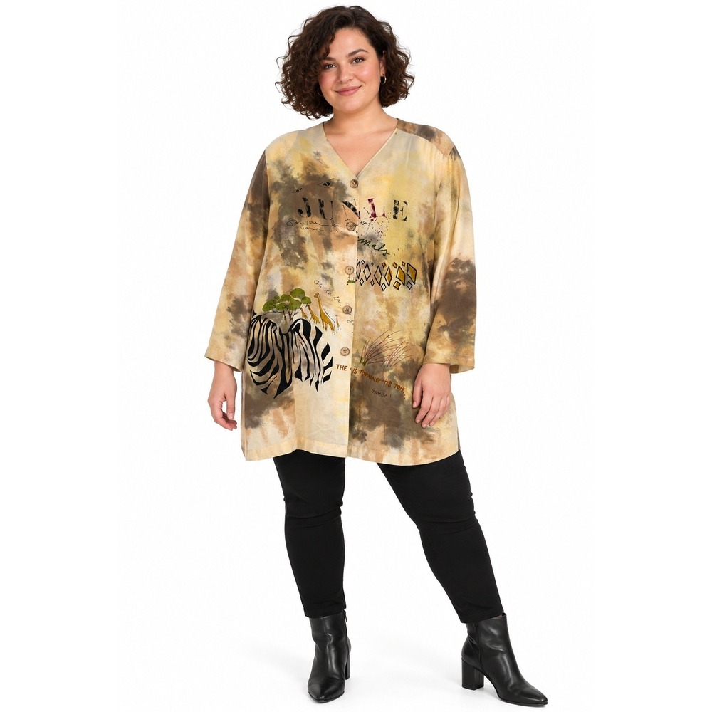 100% Silk Safari Print Tunic Shirt 1X Zebra Giraffe Artsy Boho Animal Print
